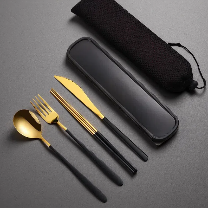 304 Stainless Steel Dinnerware Set – Portable Gold Flatware with Travel Case Gold black