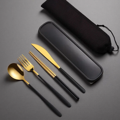 304 Stainless Steel Dinnerware Set – Portable Gold Flatware with Travel Case Gold black