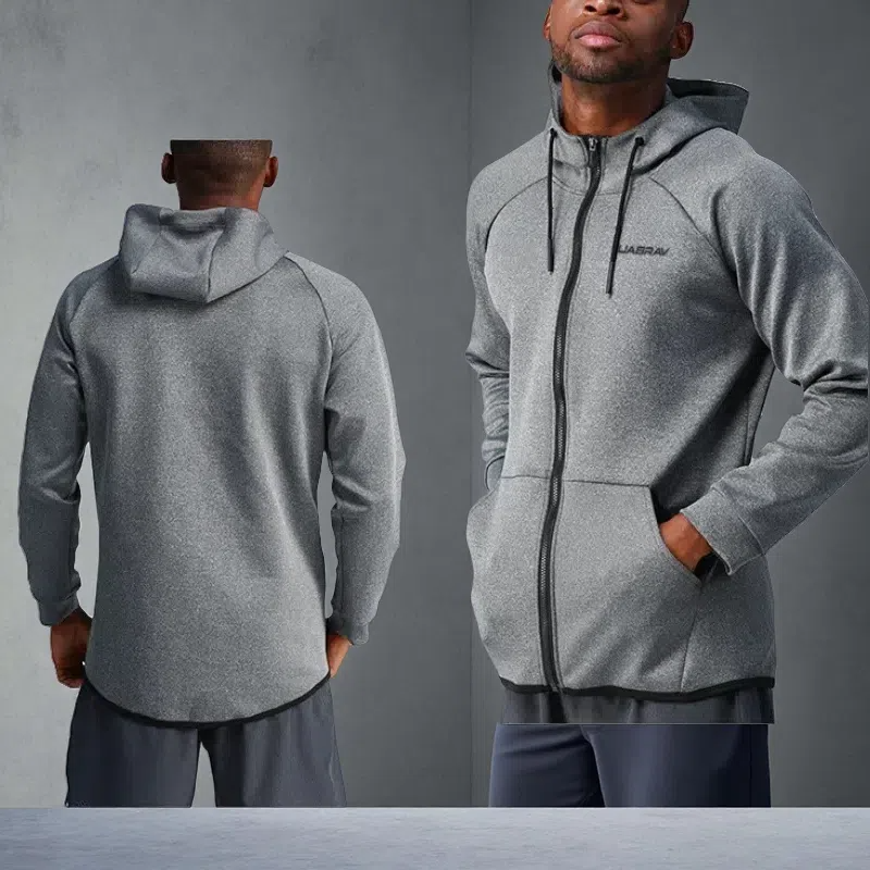Men’s Quick-Drying Hooded Fitness Jacket – Zipper Front Cardigan for Running & Training