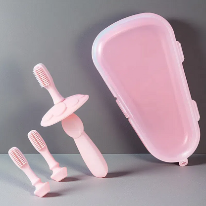 Baby Silicone Training Toothbrush Set – Safe, Soft & Replaceable Brush Heads Pink