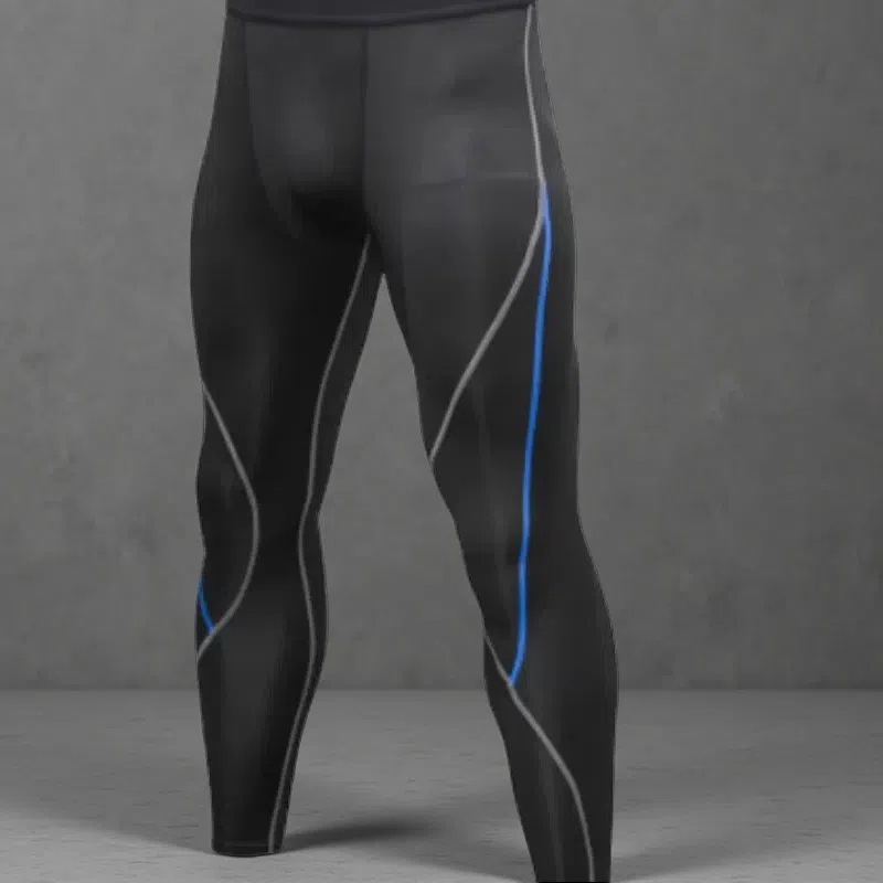 Men's Stretchy Moisture-Wicking Fitness Leggings – Running & Training Pants Black blue line