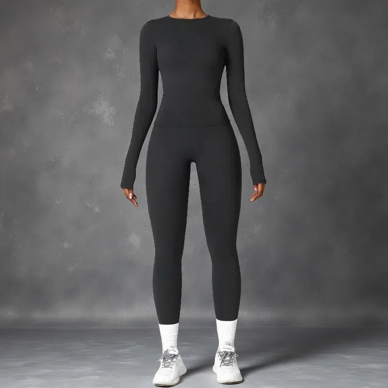 Tight-Fitting Brushed Yoga Set – Quick-Drying Fitness Long Sleeve & High Waist Leggings for Women Black