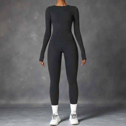 Tight-Fitting Brushed Yoga Set – Quick-Drying Fitness Long Sleeve & High Waist Leggings for Women Black