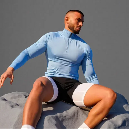 Men’s Quick-Dry Fitness T-Shirt – Long Sleeve Half-Zip Compression Top Light Blue