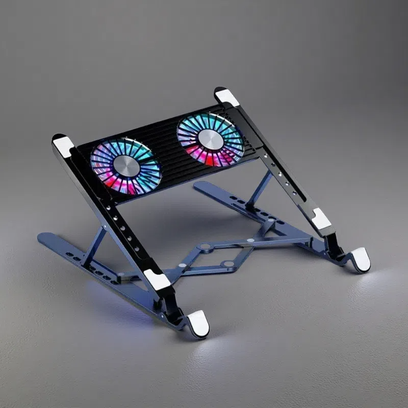 Folding Laptop Stand with Silent Cooling Fans – Adjustable Radiator for Desk & Lap Use | USB-C Charging Twin Fan Black