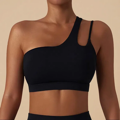 Irregular Strap One Shoulder Yoga Bra – Shockproof & Stylish Support for Active Women