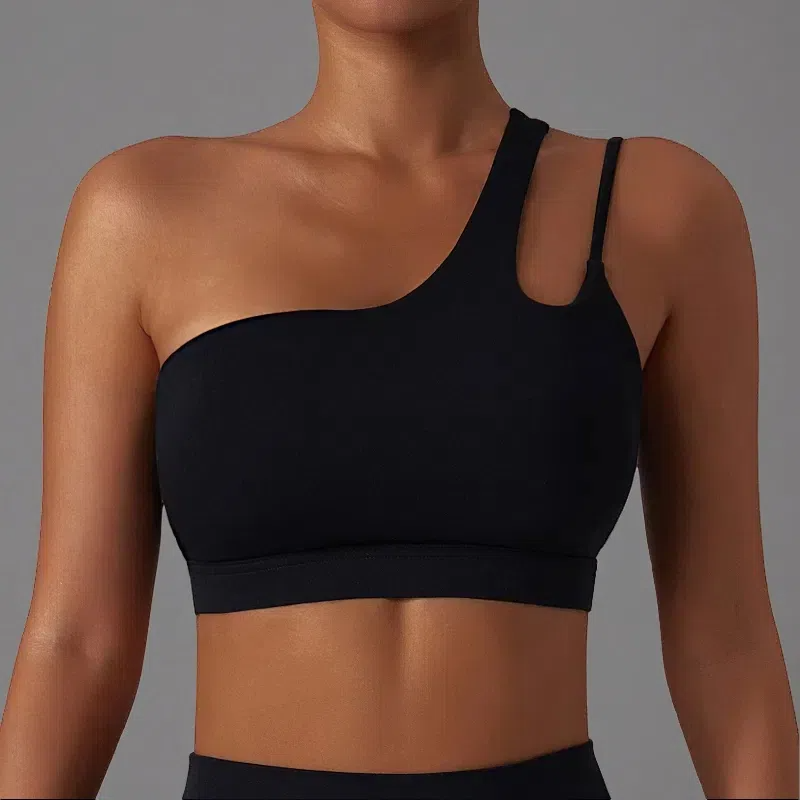 Irregular Strap One Shoulder Yoga Bra – Shockproof & Stylish Support for Active Women Black