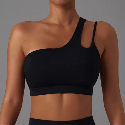 Irregular Strap One Shoulder Yoga Bra – Shockproof & Stylish Support for Active Women Black