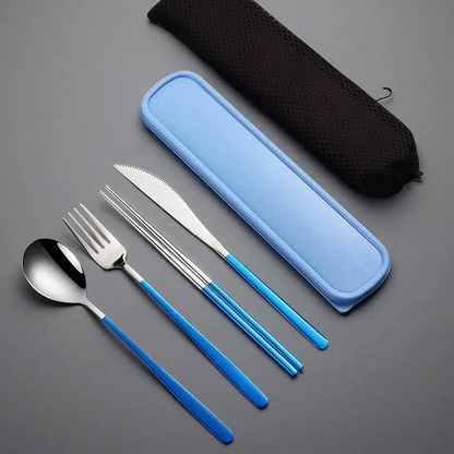 304 Stainless Steel Dinnerware Set – Portable Gold Flatware with Travel Case Silver blue