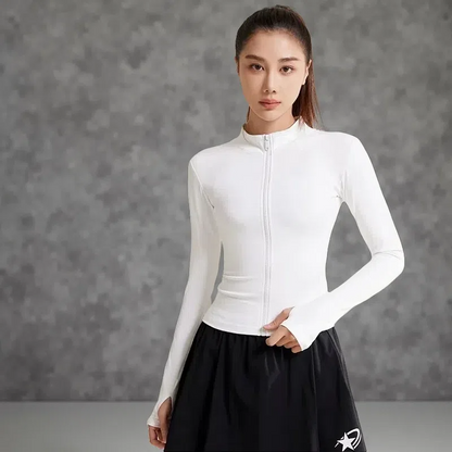 Patchwork Yoga Jacket – Breathable & UV-Resistant Workout Coat for Women White