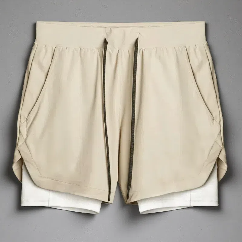 Double-Layer Quick-Dry Running Shorts – Casual & Sporty Comfort Beige