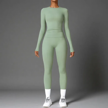 Tight-Fitting Brushed Yoga Set – Quick-Drying Fitness Long Sleeve & High Waist Leggings for Women Green