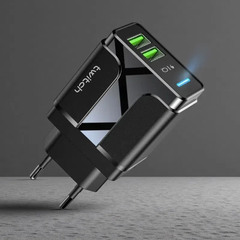 Dual USB Smart Charging Adapter – 2.4A, Light Guide, US Plug Options US Black