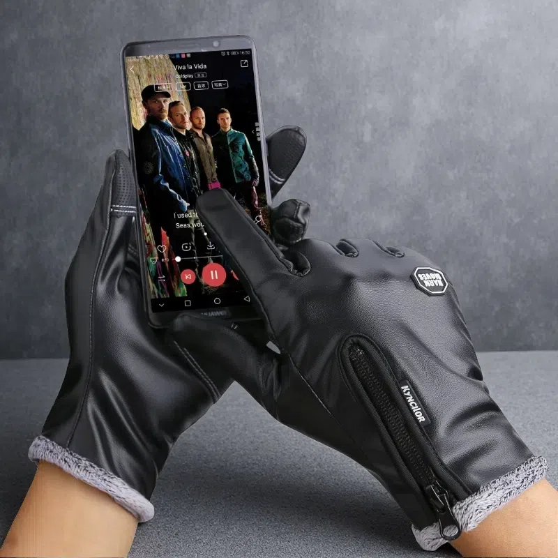 Windproof & Waterproof Zipper Leather Gloves – Stylish Outdoor Protection