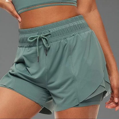 Women's Fake Two-Piece Fitness Shorts – Anti-Glare Running & Yoga Lined Shorts Green
