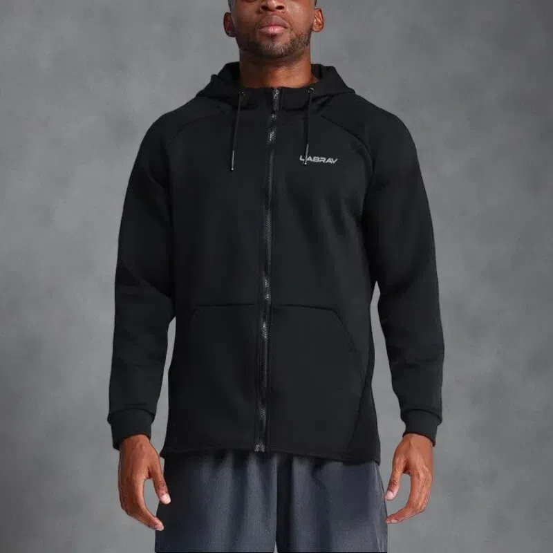 Men’s Quick-Drying Hooded Fitness Jacket – Zipper Front Cardigan for Running & Training Black
