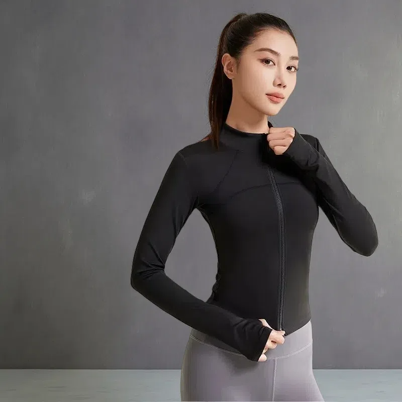 Patchwork Yoga Jacket – Breathable & UV-Resistant Workout Coat for Women Black