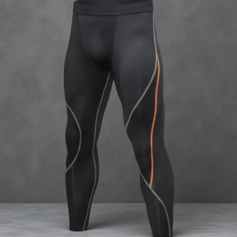 Men's Stretchy Moisture-Wicking Fitness Leggings – Running & Training Pants Black orange line