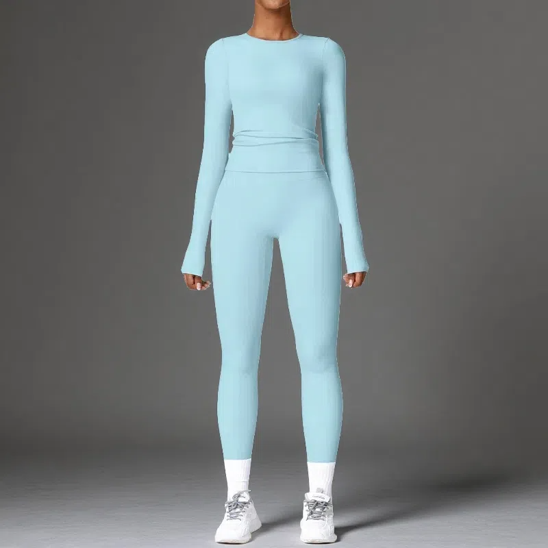 Tight-Fitting Brushed Yoga Set – Quick-Drying Fitness Long Sleeve & High Waist Leggings for Women Sky Blue