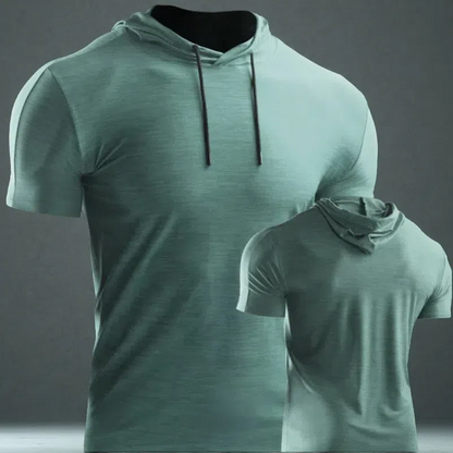 Men’s Muscle Hooded Short Sleeve T-Shirt – Slim Fit Striped Sports & Leisure Top Green B