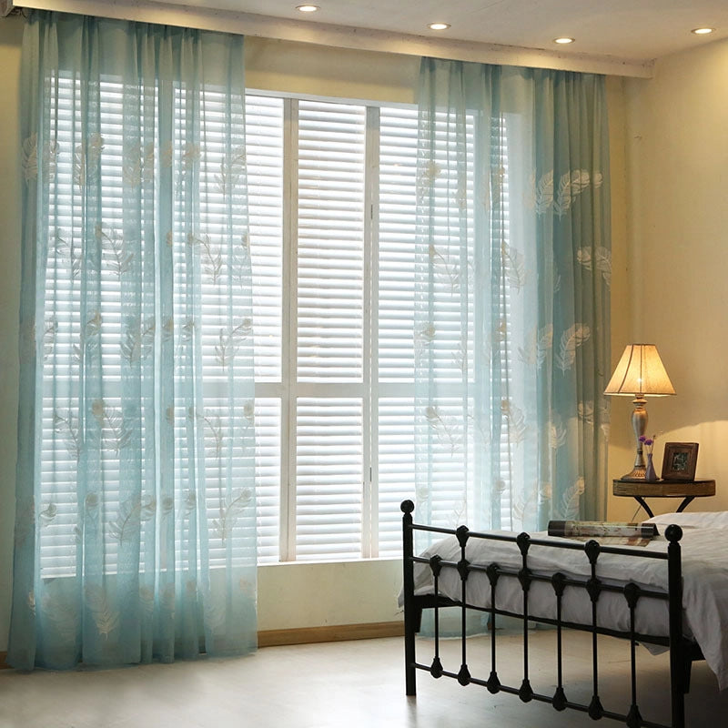 Feather White Embroidered Window Screen – Elegant Light-Filtering Vertical Curtain Blue