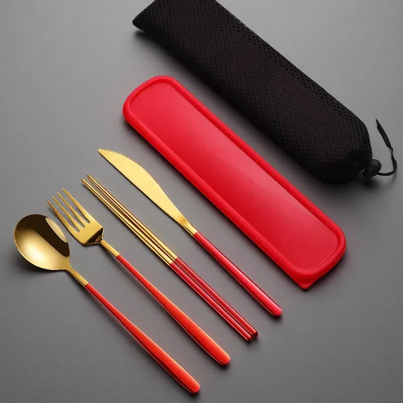 304 Stainless Steel Dinnerware Set – Portable Gold Flatware with Travel Case Golden red