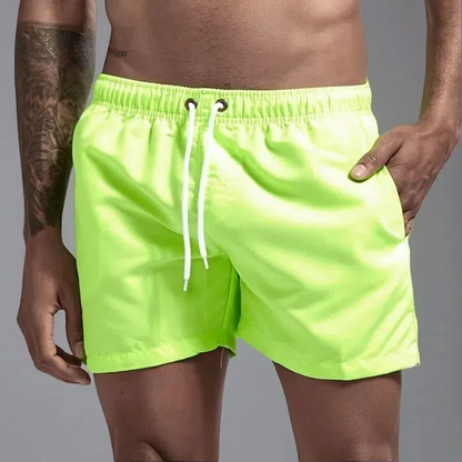 Casual Candy-colored Men's Beach Shorts – Comfortable Medium Elasticity Summer Wear Fluorescent Green