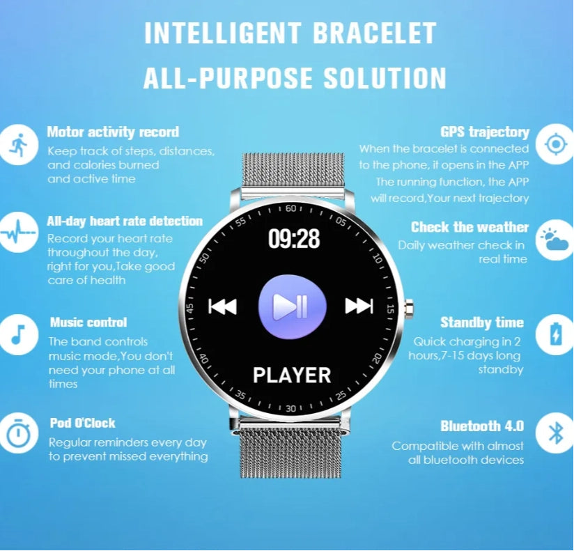 Full Touch Smart Bracelet – Fitness & Health Tracker with Stainless Steel Strap