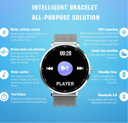 Full Touch Smart Bracelet – Fitness & Health Tracker with Stainless Steel Strap