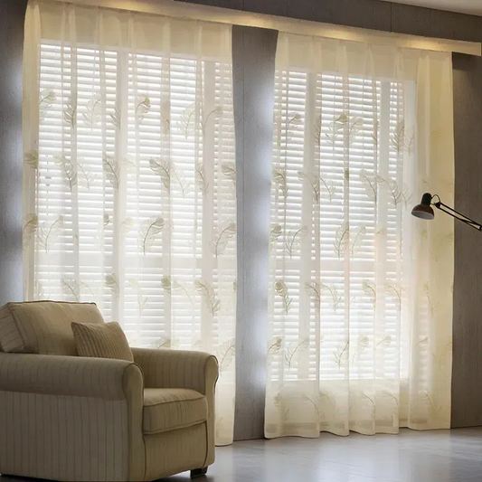 Feather White Embroidered Window Screen – Elegant Light-Filtering Vertical Curtain