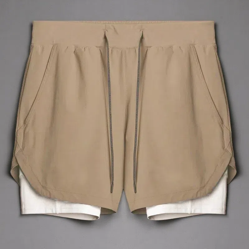 Double-Layer Quick-Dry Running Shorts – Casual & Sporty Comfort Khaki