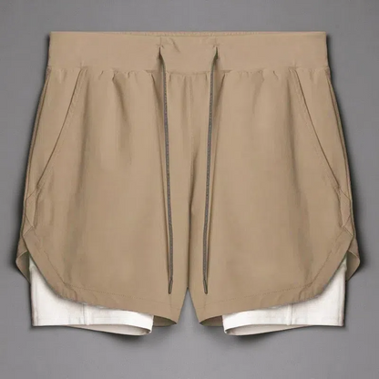 Double-Layer Quick-Dry Running Shorts – Casual & Sporty Comfort Khaki