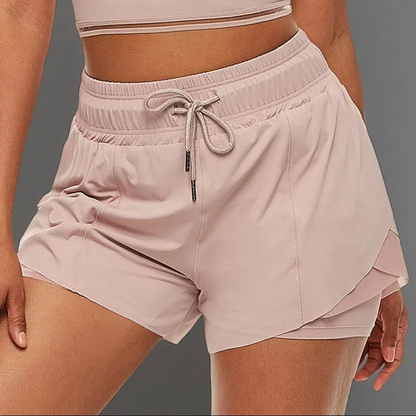 Women's Fake Two-Piece Fitness Shorts – Anti-Glare Running & Yoga Lined Shorts Pink