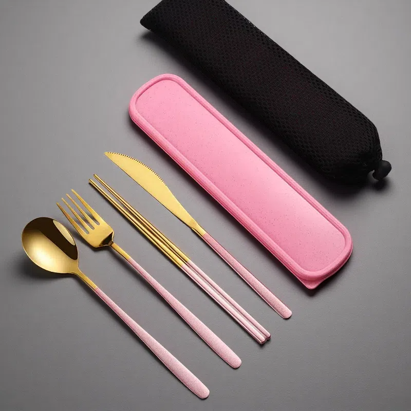 304 Stainless Steel Dinnerware Set – Portable Gold Flatware with Travel Case Golden pink