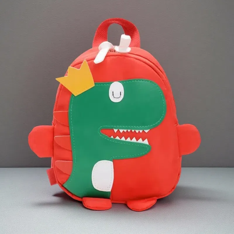 Happy Crown Dinosaur School Bag Backpack – Durable Canvas Kids’ Backpack with Polyester Lining Red