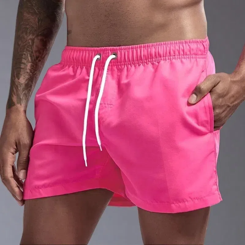 Casual Candy-colored Men's Beach Shorts – Comfortable Medium Elasticity Summer Wear Rose Red