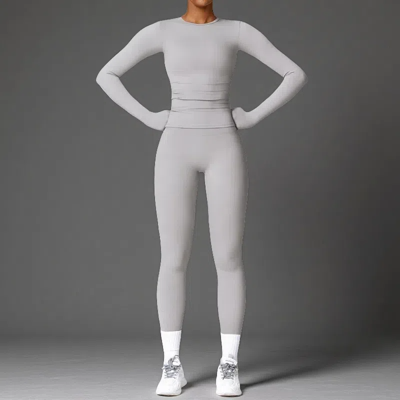 Tight-Fitting Brushed Yoga Set – Quick-Drying Fitness Long Sleeve & High Waist Leggings for Women Grey