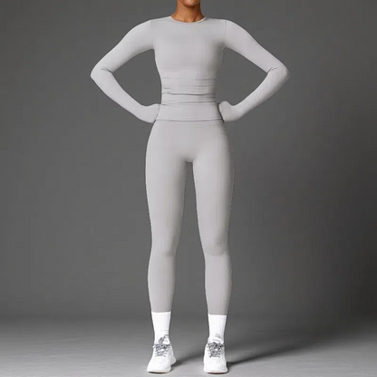 Tight-Fitting Brushed Yoga Set – Quick-Drying Fitness Long Sleeve & High Waist Leggings for Women Grey