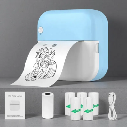 Mini Thermal Label Printer – Compact USB Sticker Printer for Students & Home Use Blue 5 Rolls Adhesive Sticker