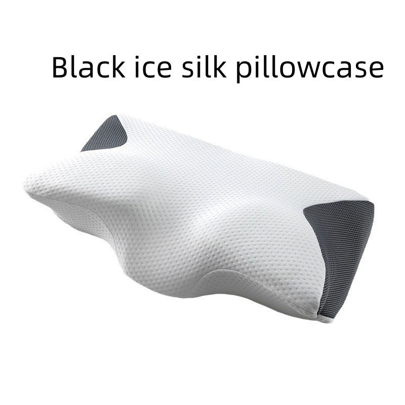 Bull Horn Memory Sleep Pillow – Ergonomic Neck Support for Deep Rest Black ice silk pillowcase