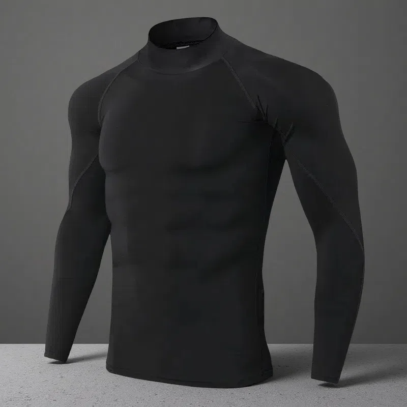 Men’s Turtleneck Quick-Dry Workout Long Sleeve – Slim Fit Pullover for All Seasons Black Line
