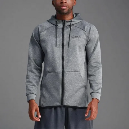 Men’s Quick-Drying Hooded Fitness Jacket – Zipper Front Cardigan for Running & Training Grey