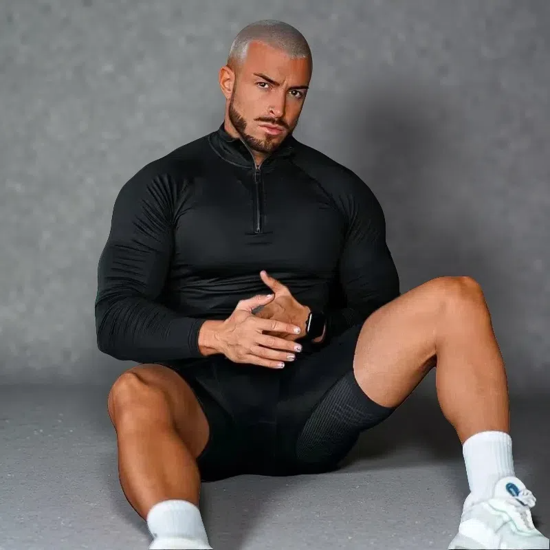 Men’s Quick-Dry Fitness T-Shirt – Long Sleeve Half-Zip Compression Top Black