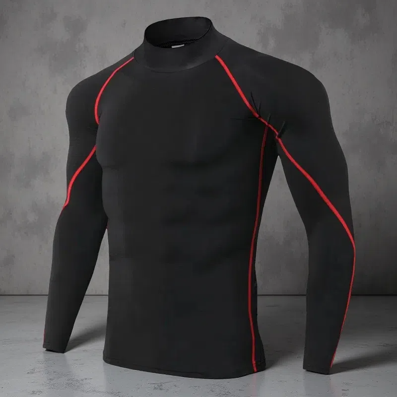 Men’s Turtleneck Quick-Dry Workout Long Sleeve – Slim Fit Pullover for All Seasons Red Line
