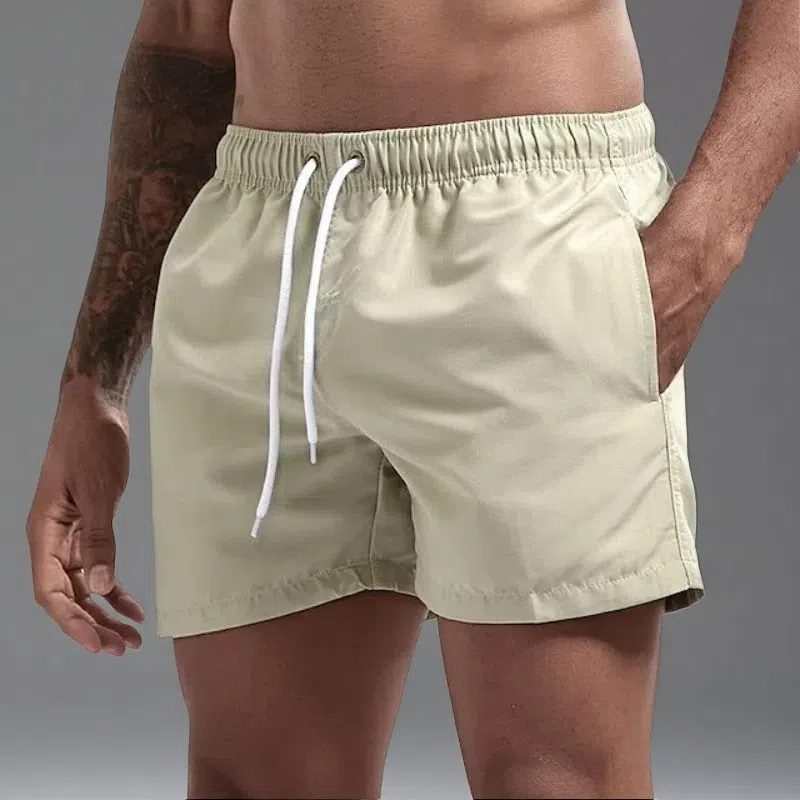 Casual Candy-colored Men's Beach Shorts – Comfortable Medium Elasticity Summer Wear Beige