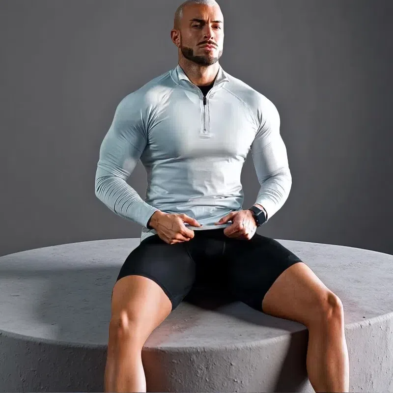 Men’s Quick-Dry Fitness T-Shirt – Long Sleeve Half-Zip Compression Top