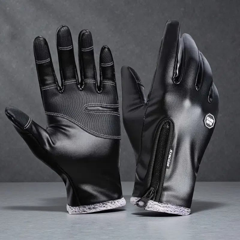 Windproof & Waterproof Zipper Leather Gloves – Stylish Outdoor Protection Black