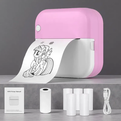 Mini Thermal Label Printer – Compact USB Sticker Printer for Students & Home Use Pink 5 Roll Printing Paper