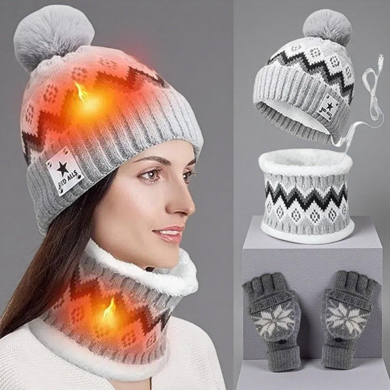 USB Electric Heating Knitted Hat, Scarf & Gloves Set – Keep Warm with Heated Wearables