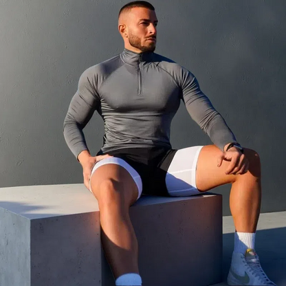 Men’s Quick-Dry Fitness T-Shirt – Long Sleeve Half-Zip Compression Top Dark Gray